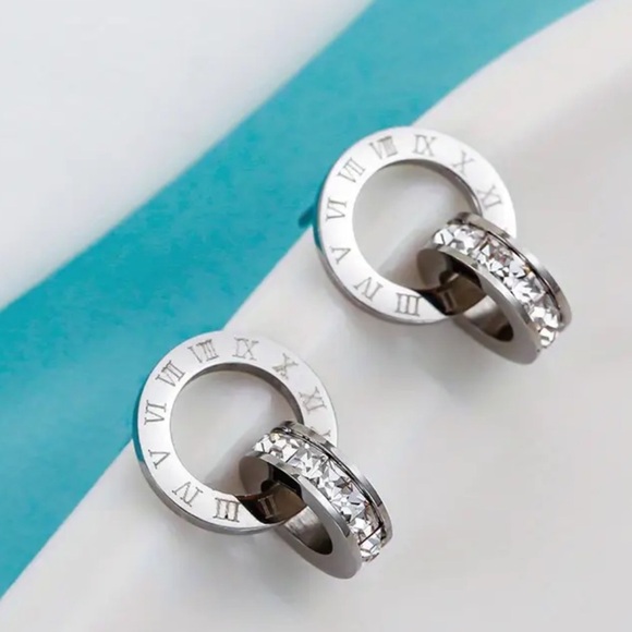 S Roman Numerals Zircon Earrings - Stainless Steel Fashion Never Fade Jewelry - Picture 3 of 7